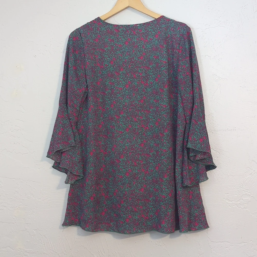 LadyNoiz Colorful Funky Artsy Retro MCM Floral Boho Hippie Bell Sleeve Tunic Top - Picture 7 of 7